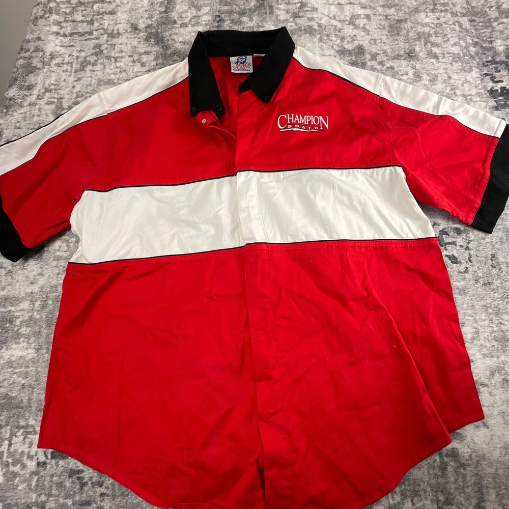 Vtg Champion Boats Mechanic Snap Spike Sports Mens XXL Shirt Red White Collector